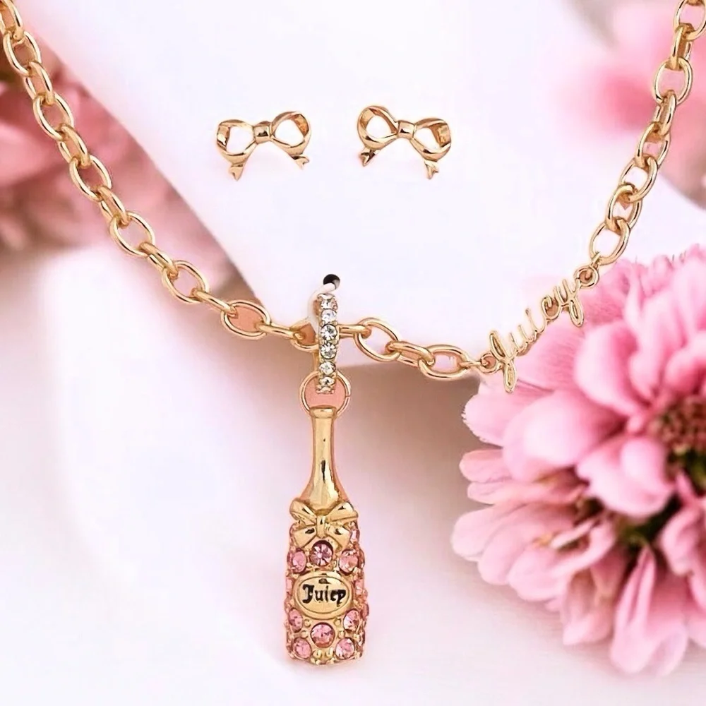 Juicy Couture Rhinestone Pink Champagne Bottle Necklace & Bow Earrings Gift Set